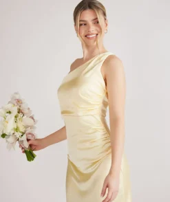 One Shoulder Ruched Satin Bridesmaid Dress - Butter Lemon