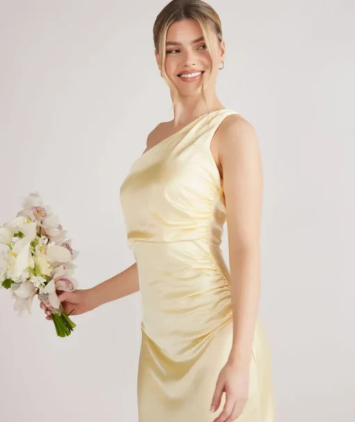 One Shoulder Ruched Satin Bridesmaid Dress - Butter Lemon