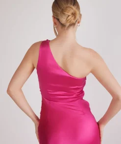 One Shoulder Ruched Satin Bridesmaid Dress - Fuchsia Pink