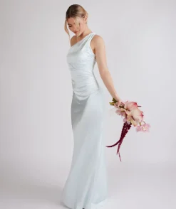 One Shoulder Ruched Satin Bridesmaid Dress - Ice Blue