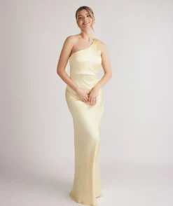 One Shoulder Ruched Satin Bridesmaid Dress - Butter Lemon