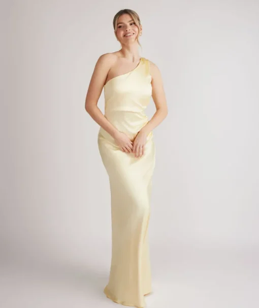 One Shoulder Ruched Satin Bridesmaid Dress - Butter Lemon