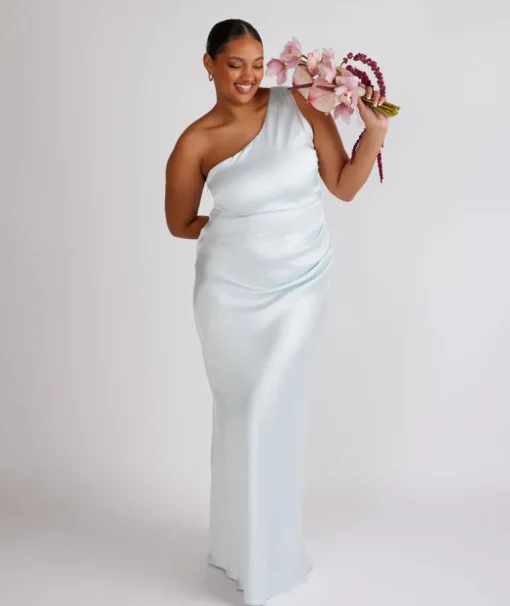 One Shoulder Ruched Satin Bridesmaid Dress - Ice Blue