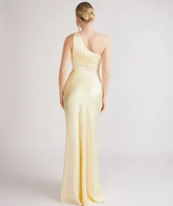 One Shoulder Ruched Satin Bridesmaid Dress - Butter Lemon