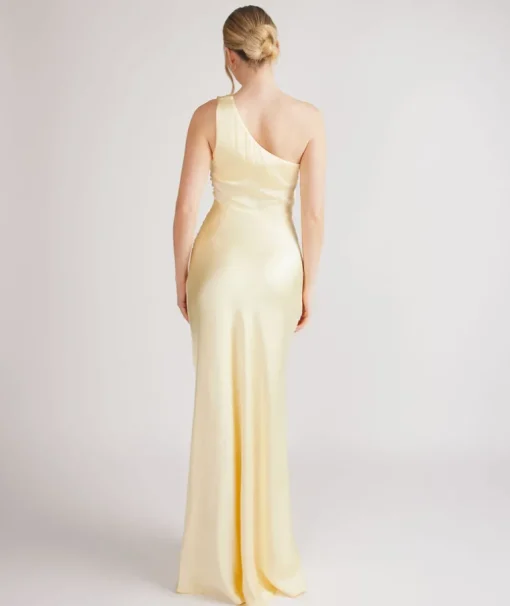 One Shoulder Ruched Satin Bridesmaid Dress - Butter Lemon