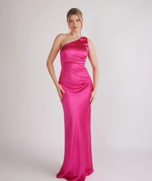 One Shoulder Ruched Satin Bridesmaid Dress - Fuchsia Pink