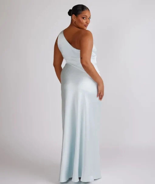 One Shoulder Ruched Satin Bridesmaid Dress - Ice Blue