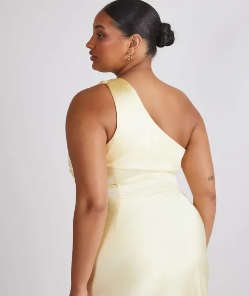 One Shoulder Ruched Satin Bridesmaid Dress - Butter Lemon