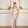 One Shoulder Satin Ruched Bridesmaid Dress - Oyster