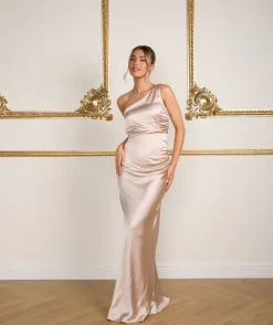 One Shoulder Satin Ruched Bridesmaid Dress - Oyster