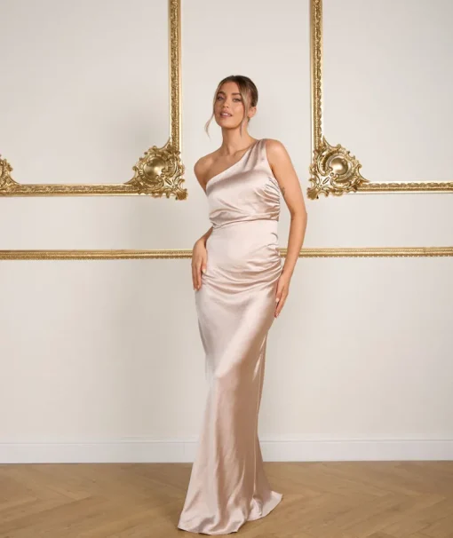 One Shoulder Satin Ruched Bridesmaid Dress - Oyster