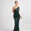 One Shoulder Satin Ruched Bridesmaid Dress - Emerald