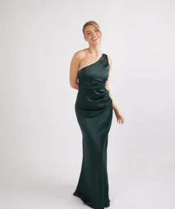 One Shoulder Satin Ruched Bridesmaid Dress - Emerald