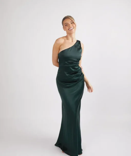 One Shoulder Satin Ruched Bridesmaid Dress - Emerald