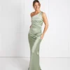 One Shoulder Satin Ruched Bridesmaid Dress - Sage