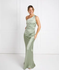 One Shoulder Satin Ruched Bridesmaid Dress - Sage