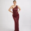 One Shoulder Satin Ruched Bridesmaid Dress - Deep Wine