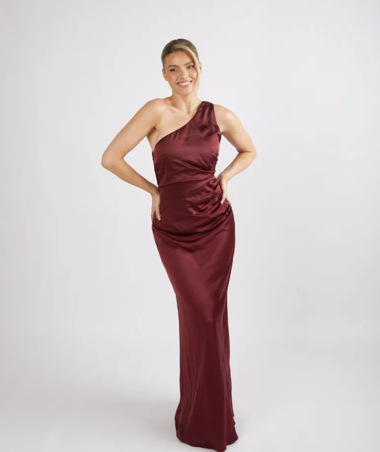 One Shoulder Satin Ruched Bridesmaid Dress - Deep Wine