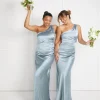 One Shoulder Satin Ruched Bridesmaid Dress - Dusty Blue