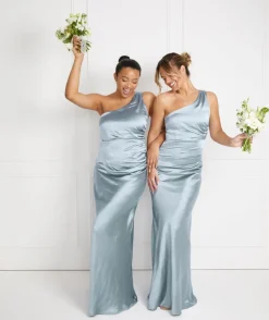 One Shoulder Satin Ruched Bridesmaid Dress - Dusty Blue