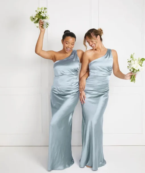 One Shoulder Satin Ruched Bridesmaid Dress - Dusty Blue