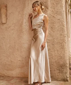 One Shoulder Satin Ruched Bridesmaid Dress - Champagne