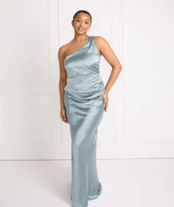 One Shoulder Satin Ruched Bridesmaid Dress - Dusty Blue