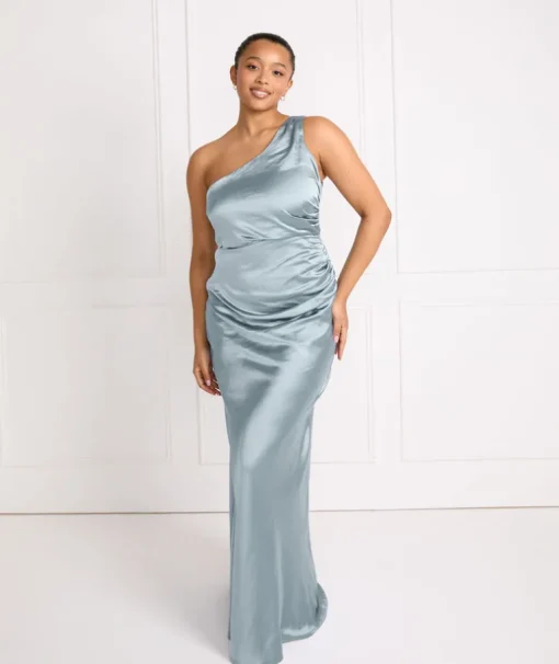 One Shoulder Satin Ruched Bridesmaid Dress - Dusty Blue