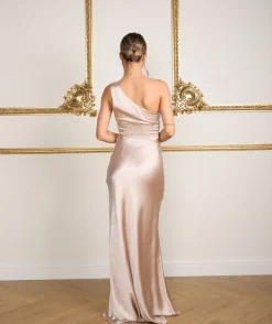 One Shoulder Satin Ruched Bridesmaid Dress - Oyster