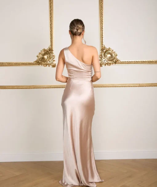 One Shoulder Satin Ruched Bridesmaid Dress - Oyster