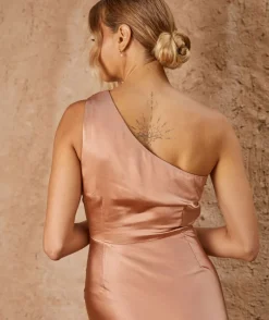 One Shoulder Satin Ruched Bridesmaid Dress - Burnt Peach
