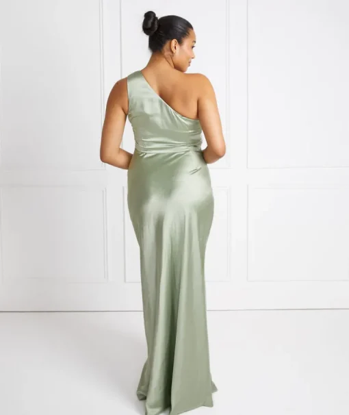 One Shoulder Satin Ruched Bridesmaid Dress - Sage