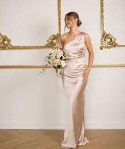 One Shoulder Satin Ruched Bridesmaid Dress - Oyster