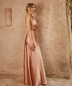 One Shoulder Satin Ruched Bridesmaid Dress - Burnt Peach