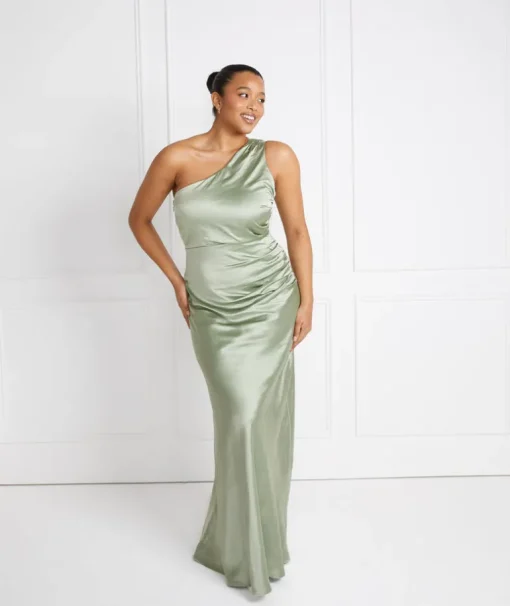 One Shoulder Satin Ruched Bridesmaid Dress - Sage