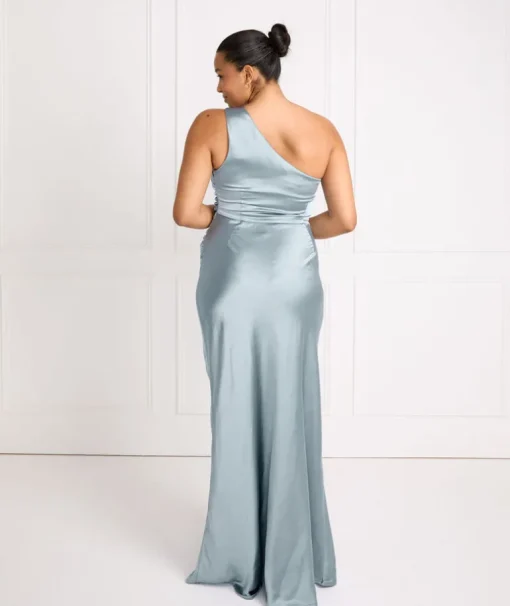 One Shoulder Satin Ruched Bridesmaid Dress - Dusty Blue
