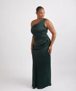 One Shoulder Satin Ruched Bridesmaid Dress - Emerald