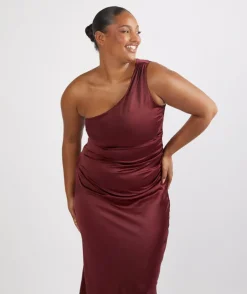 One Shoulder Satin Ruched Bridesmaid Dress - Deep Wine
