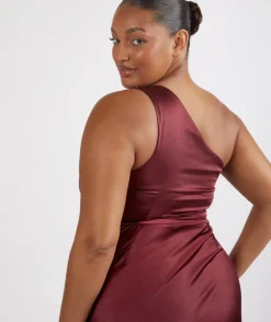 One Shoulder Satin Ruched Bridesmaid Dress - Deep Wine