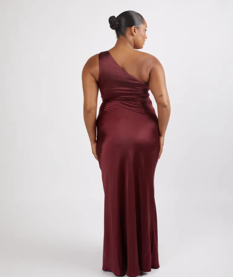 One Shoulder Satin Ruched Bridesmaid Dress - Deep Wine