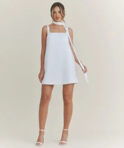 Pearl Scatter Detail Mini Dress with Neck Scarf – White