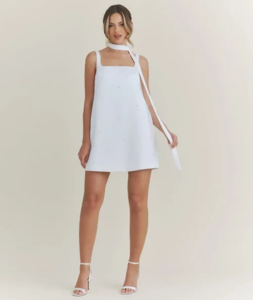 Pearl Scatter Detail Mini Dress with Neck Scarf – White