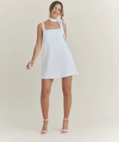 Pearl Scatter Detail Mini Dress with Neck Scarf – White