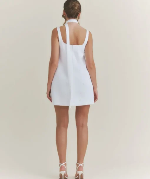 Pearl Scatter Detail Mini Dress with Neck Scarf – White