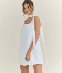 Pearl Scatter Detail Mini Dress with Neck Scarf – White