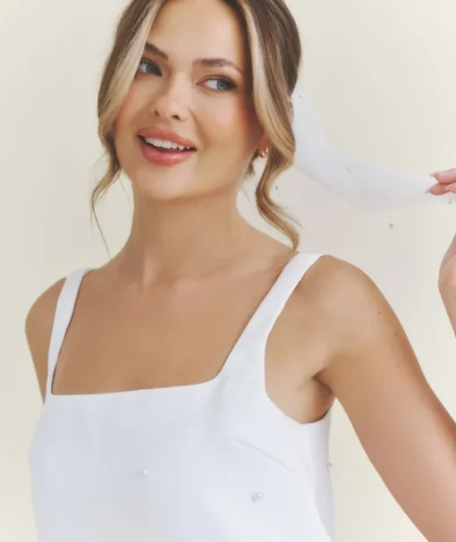Pearl Scatter Detail Mini Dress with Neck Scarf – White