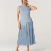 Pleated Cap Sleeve Maxi Dress - Blue