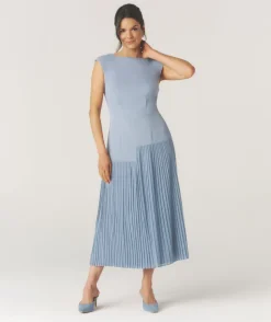 Pleated Cap Sleeve Maxi Dress - Blue