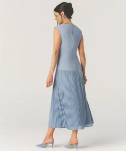 Pleated Cap Sleeve Maxi Dress - Blue