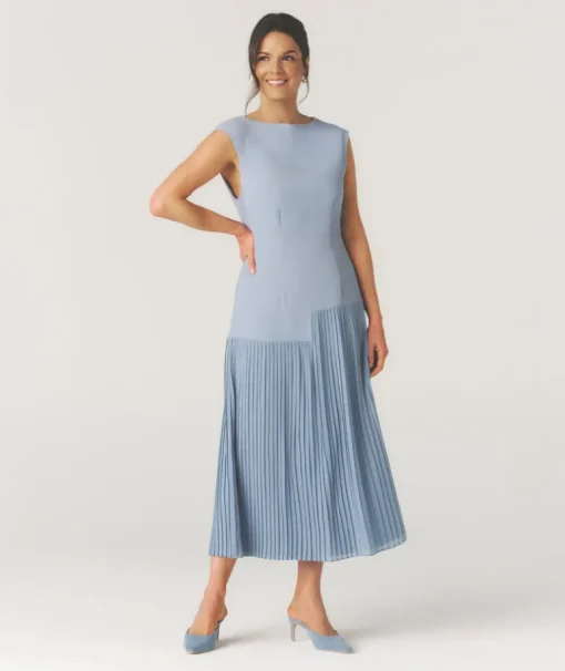 Pleated Cap Sleeve Maxi Dress - Blue